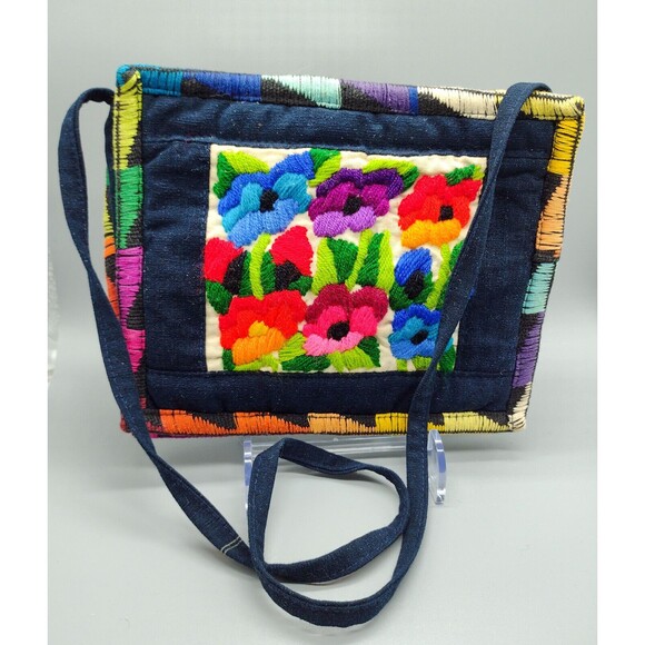 Vintage Boho Hippie Floral Rainbow Embroidered Crossbody Bag Handmade - Picture 1 of 4